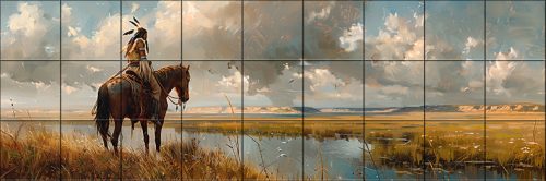 Native American man on horseback by the lake – western-style ceramic tile mural